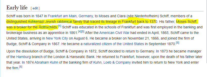 Here we run into our 2 favorite global cabalsSchiff was not only instrumental in the formation of the Fed, whose first chairman was aSkull & BonesmanBut his family (and by extension the Warburgs) hail back to the same ghetto as, and his father worked for, theRothschilds