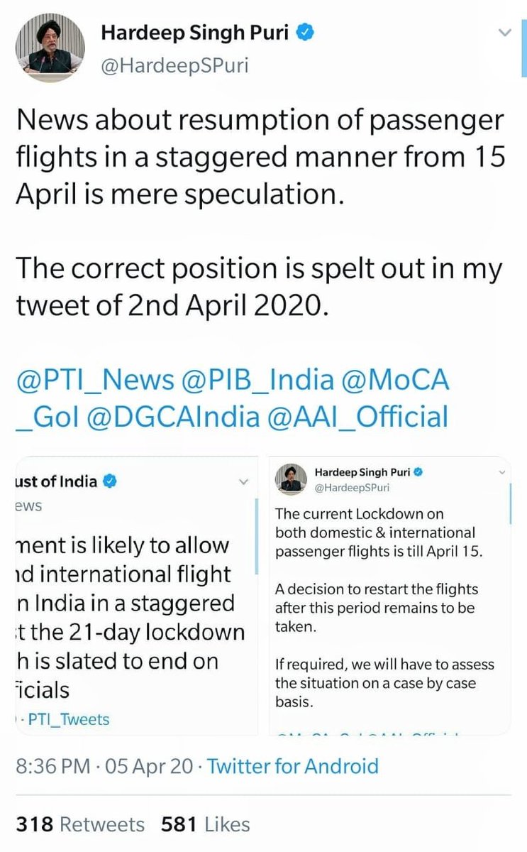 HardeepSPuri's tweet photo. Our views &amp; approach on restarting flights have been clearly stated. 
On 2nd April, I said "A decision to restart flights after this period remains to be taken" &amp; reiterated this on 5th. On14th when Lockdown extended, I said "we can CONSIDER lifting restrictions" after Lockdown. https://t.co/LkXKkofKsY