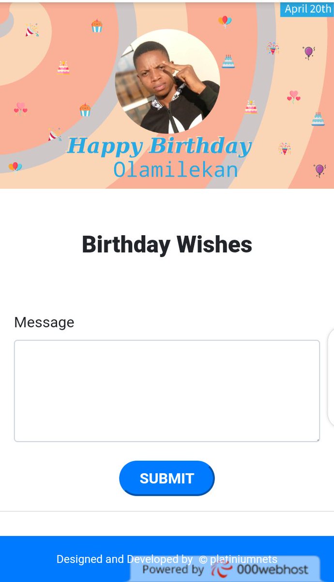 Dammyton16's tweet photo. Hey lovelies π check out the customized birthday wishes app I created with vuejs for my lil'bro. Today is his birthday, kindly show him some love by wishing him a happy birthday via this link π
https://t.co/D7uwaO980f
#birthdaywishes #codingisbae #hbd #vuejs #GirlsWhoCode https://t.co/7OJeqXkDAv