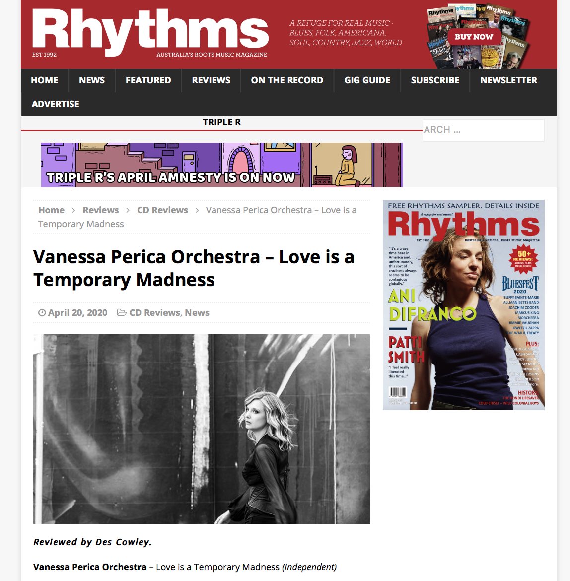 Vanessa Perica (@vanessa_perica) on Twitter photo Delighted to receive this review from Des Cowley.
Massive thanks to Des and <a href="/RhythmsMag/">Rhythms Magazine</a>!
rhythms.com.au/vanessa-perica… Delighted to receive this review from Des Cowley.
Massive thanks to Des and <a href="/RhythmsMag/">Rhythms Magazine</a>!
rhythms.com.au/vanessa-perica…