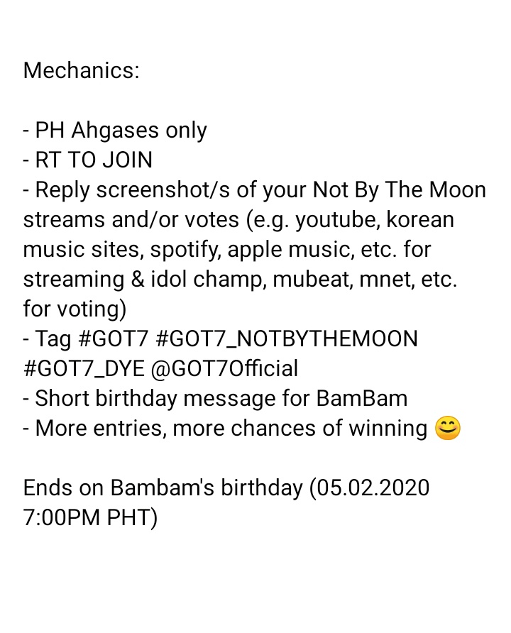 NBTM streaming / BB's bday GIVEAWAYMechanics are on the photo!Prizes: 7for7 present edition album, official Bambam pcs & album inclusions, and CMN tourlog photoessay.There'll be 1 winner only. Good luck  #GOT7    #GOT7_NOTBYTHEMOON    #GOT7_DYE    @GOT7Official