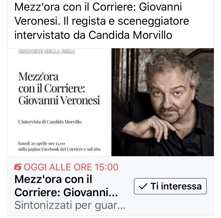 Oggi h 15 #diretta con #giovanniveronesi @gioveron @Corriere vi aspettiamo facebook.com/corrieredellas…