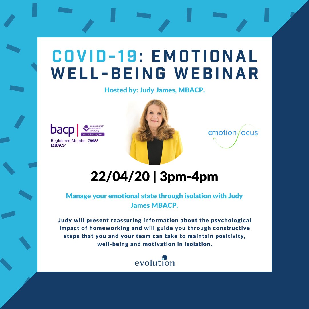 It's just two days until our emotional well-being webinar, hosted by Judy James MBACP, owner of Emotion Focus. For guidance on how you and your team can maintain a healthy mindset during #COVIDー19 isolation, register here: lnkd.in/gXtKsZ7 

#mentalhealth #coronavirus