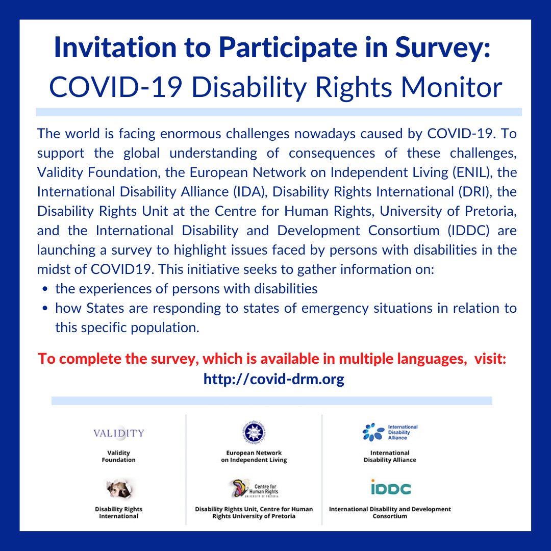 ENIL_EU's tweet photo. Today, 6 leading disability rights organisations launch COVID-19 Disability Rights Monitor, endorsed by 
@SR_Disability &amp; SR Health. VISIT: https://t.co/Gp3eNdB3QQ Partners: @IDA_CRPD_Forum @iddcconsortium @DRI_Mexico @DRI_advocacy 
@ValidityNGO @CHR_HumanRights https://t.co/73emlEvTaj