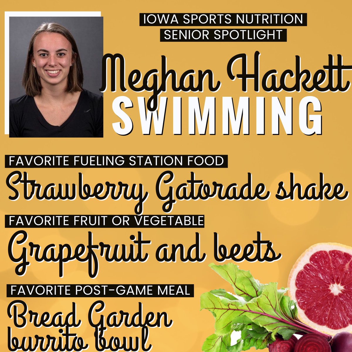 HawkeyeFuel's tweet photo. Today’s Senior Spotlight 🌟 is @meghanhackettt from @IowaSwimDive 🏊🏻♀️! Follow her lead when it comes to eating for success- she knows how to fuel ⛽️ for the pool! Congratulations on a great athletic 🏆 and academic 🧠career, Meghan! #hawkfuel #hawkfocus #hawkperform https://t.co/coj16unwxP