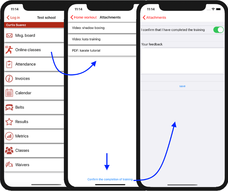 DojoExpert's tweet photo. New cool stuff in DojoExpert:Online classes in main menu, students can confirm completion of training, students can comment (leave feedback), you can ask for confirmation code, monitor the completion and transfer data to attendance records! More info here: https://t.co/nxD0lDDLRa https://t.co/0igv7E3d7q
