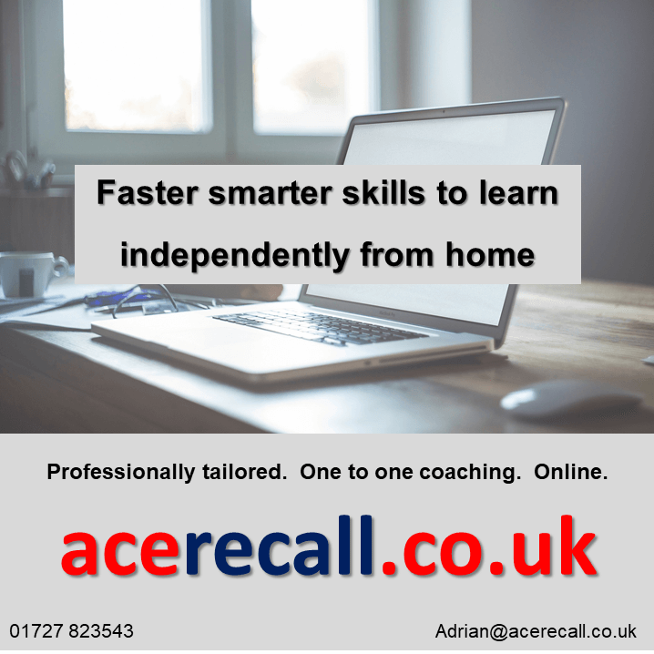 ACERecall's tweet photo. With school closures &amp; reduced teaching, falling behind at GCSE/A Level is easy. Catching up, HARD! If anxious your teen falls behind I coach online Years 9-13 to learn much better &amp; faster, independently from home: 01727 823543 https://t.co/W48eAlE1GT #ACERecall #HertsinBusiness https://t.co/q16yZDhrR9