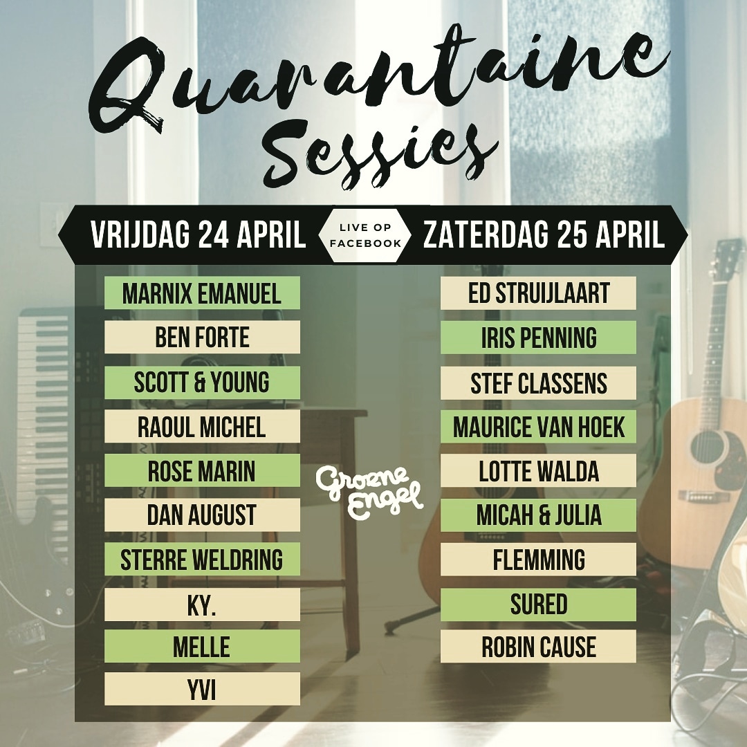 Complete line-up bekend!
✔️ 19 verschillende Nederlandse artiesten
🎶 Totaal 8 uur aan muzikaal vermaak
🕖 Vrijdag 24 + zaterdag 25 april (van 19.00 - 23.00)
🎙 Live via FB event (bit.ly/3cvY23X)
💰 Alle donaties komen terecht bij artiesten (bit.ly/2Vo9EAz)