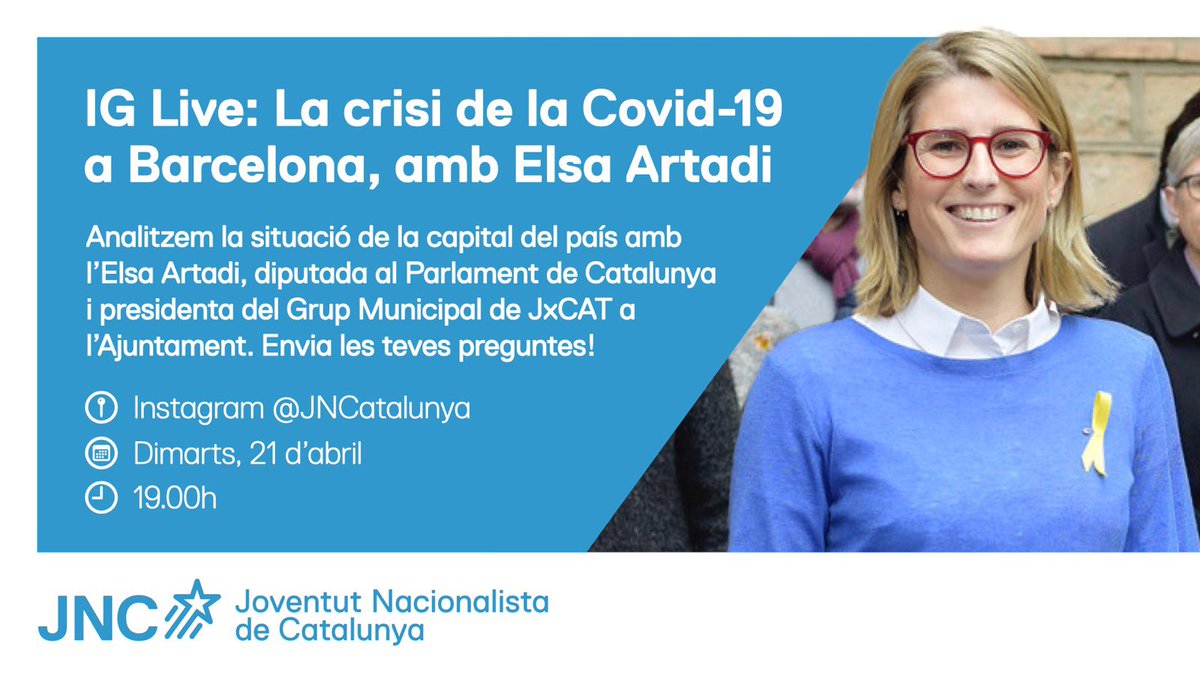 JNCatalunya's tweet photo. 👩🏼‍💻Demà a les 19h compartirem una estona de debat amb @elsa_artadi, Diputada al Parlament i presidenta del Grup Municipal de @JuntsxCatBCN, a través del nostre Instagram.

📱Ens podeu fer arribar les vostres preguntes a través dels missatges directes! https://t.co/0fkTId1yW4