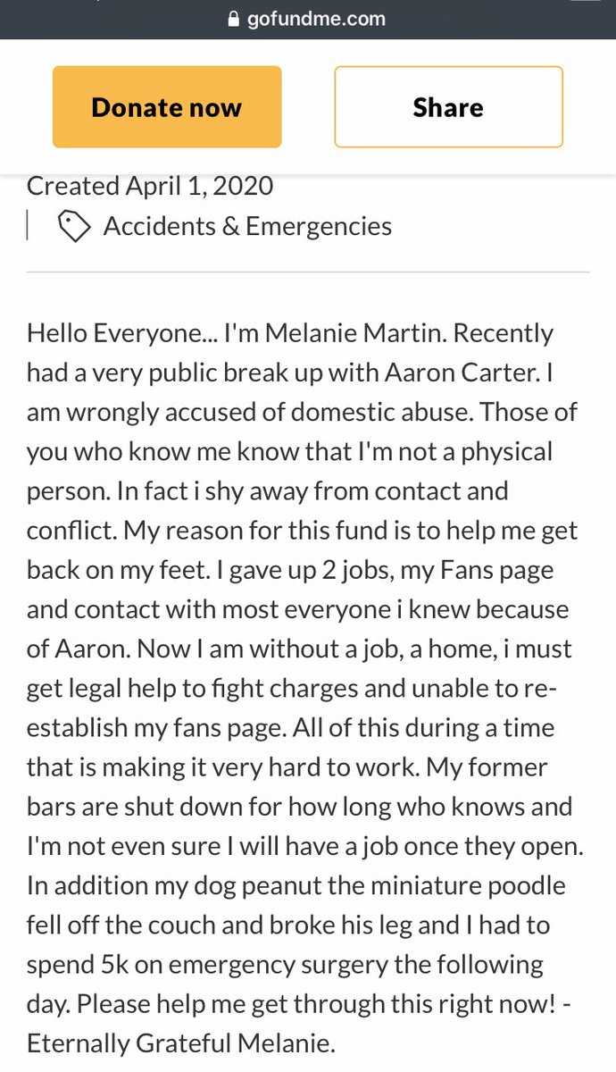 JennyB_11's tweet image. #MissMelanieMartin made this GoFundMe on April 1, and was back with #AaronCarter on April 3.
Why hasn’t she taken it down yet? 🤔 I think those ppl who donated deserve their money back....
Was this another #ACScam? Or just a #MelanieScam ?