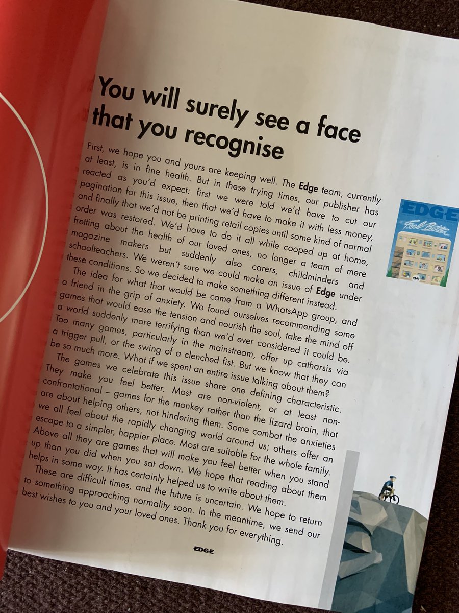 I never thought that reading an issue of  @edgeonline would make me cry but I was touched by how  @nathan_brown,  @itsJenSim & Co. worked together - apart - and put together an issue with the goal to make us all Feel Better. Mission achieved. This is what games mean to me. 