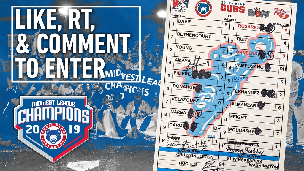 SBCubs's tweet photo. GIVEAWAY MONDAY: Win an authentic, autographed lineup card from the 2018 season. Autographs include @mamaya_9, Ben Hecht, &amp; @Rollie_17. No purchase necessary to enter. Just ✅ Like ✅ RT &amp; ✅ Comment below to enter. Winner will be announced April 24. Good luck! https://t.co/cWXdnPUm8L