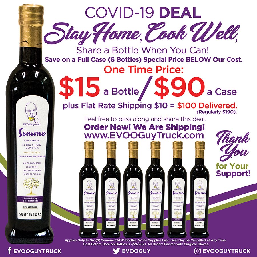 Save now! Selling a case below our cost for a limited time. Cook while stuck inside with great EVOO and share a few bottles with family friends and neighbors. We thank you for your support. evooguytruck.com
Free pick up in Ft Lauderdale area.
#share #saving #evooguy