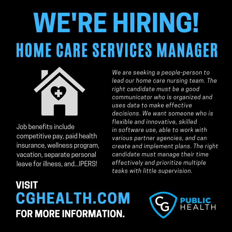 CGPublicHealth's tweet image. WE'RE HIRING! 

Visit our website for more information on the Home Care Services Manager position.
