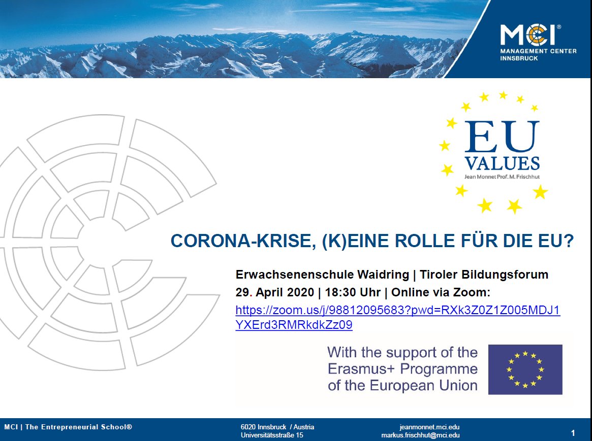 MaFrischhut's tweet photo. Online Vortrag "Corona-Krise, (k)eine Rolle für die EU"?

MI 29. April 2020, 18:30 Uhr via Zoom

▶️ https://t.co/AlWZVi2CFm

@arbeitskeisWuV @lhsct_at @DorisDialer @PolSciUIBK @MCI_Innsbruck 

#COVID19 #TirolerBildungsforum https://t.co/J6NvWYWrK6