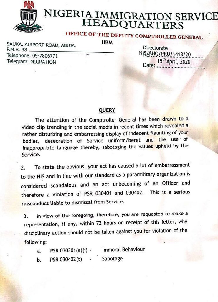 According to the Office of the Deputy Comptroller General, they “desecrated” the uniform and should be released from duty.A gentle reminder that Nigeria is built on violating women’s rights and agency! What kind of sexist Public Service Law frames this as “immoral behaviour.”