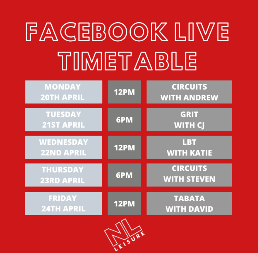 My_Airdrie's tweet photo. Looking for some home work outs? Make sure to check out
@nlleisure Facebook Live Timetable 💪
#In_Airdrie #NLLeisure #homeworkout #Workout #Workouts https://t.co/YI4JfMoxY8
