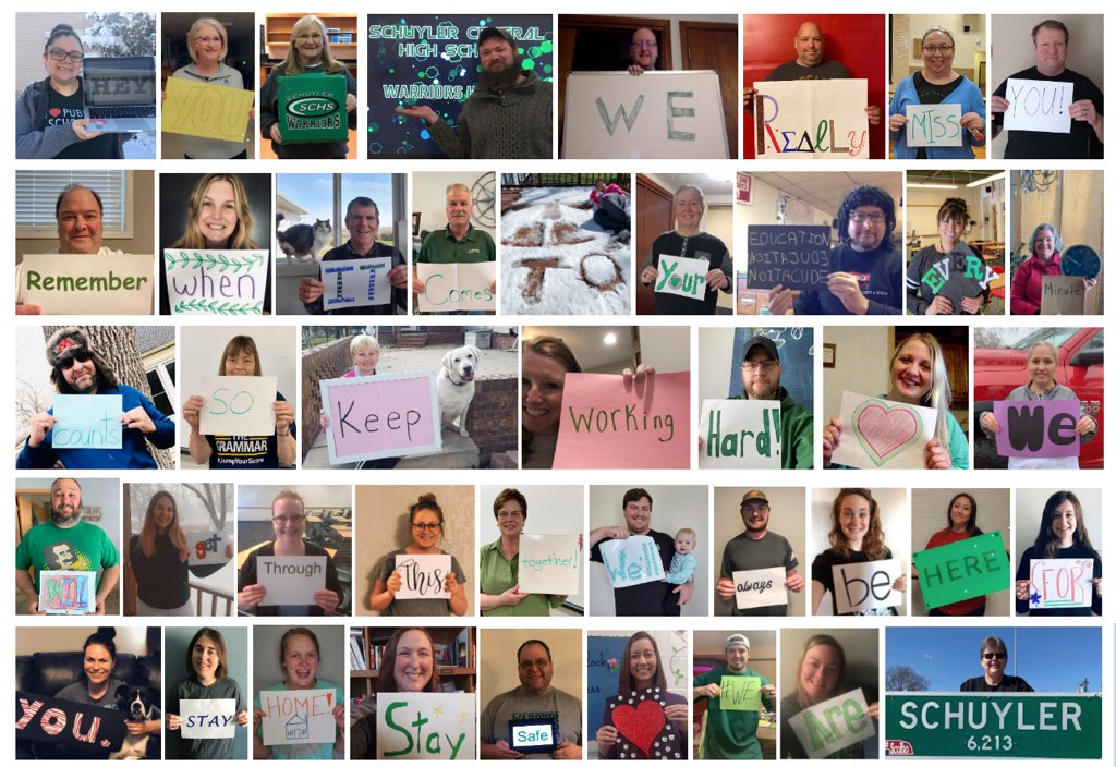 CoachKeairnes's tweet image. Hey, Warriors! Your teachers miss you and want you to continue staying safe and productive! You guys are awesome! #WeAreSchuyler (Shoutout to @mgus_4 for organizing this!)