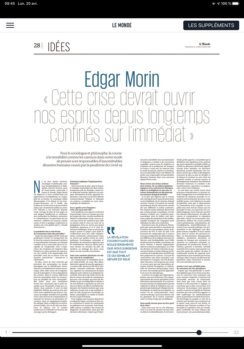 AumontFrederic's tweet photo. Un très bel article de Edgar Morin dans Le Monde de ce we. Toujours aussi percutant dans son analyse https://t.co/95eOoJJU3i