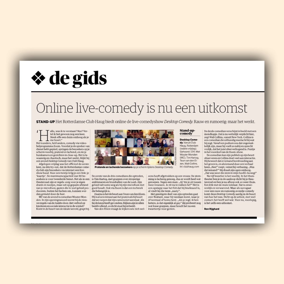 comedyclubhaug's tweet photo. Vandaag in @nrc samen veilig lachen onder Corona-omstandigheden. Vol verlangen naar live comedy is een oplossing om onze comedians een platvorm en een boterhammetje te geven. Support kun je bieden door gewoon een avond #ECHTLACHEN achter je eigen desktop of bank! #coronafree https://t.co/tm16Orb5f4
