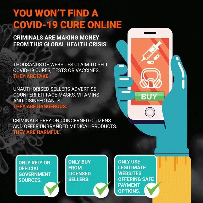 If only you could find #COVID19 cures online... but you can’t. They are fake. Criminals are selling fake testing kits, face masks and medicines. They do not meet the required quality standards and pose a real threat to public health and safety. #CoronaCrimes