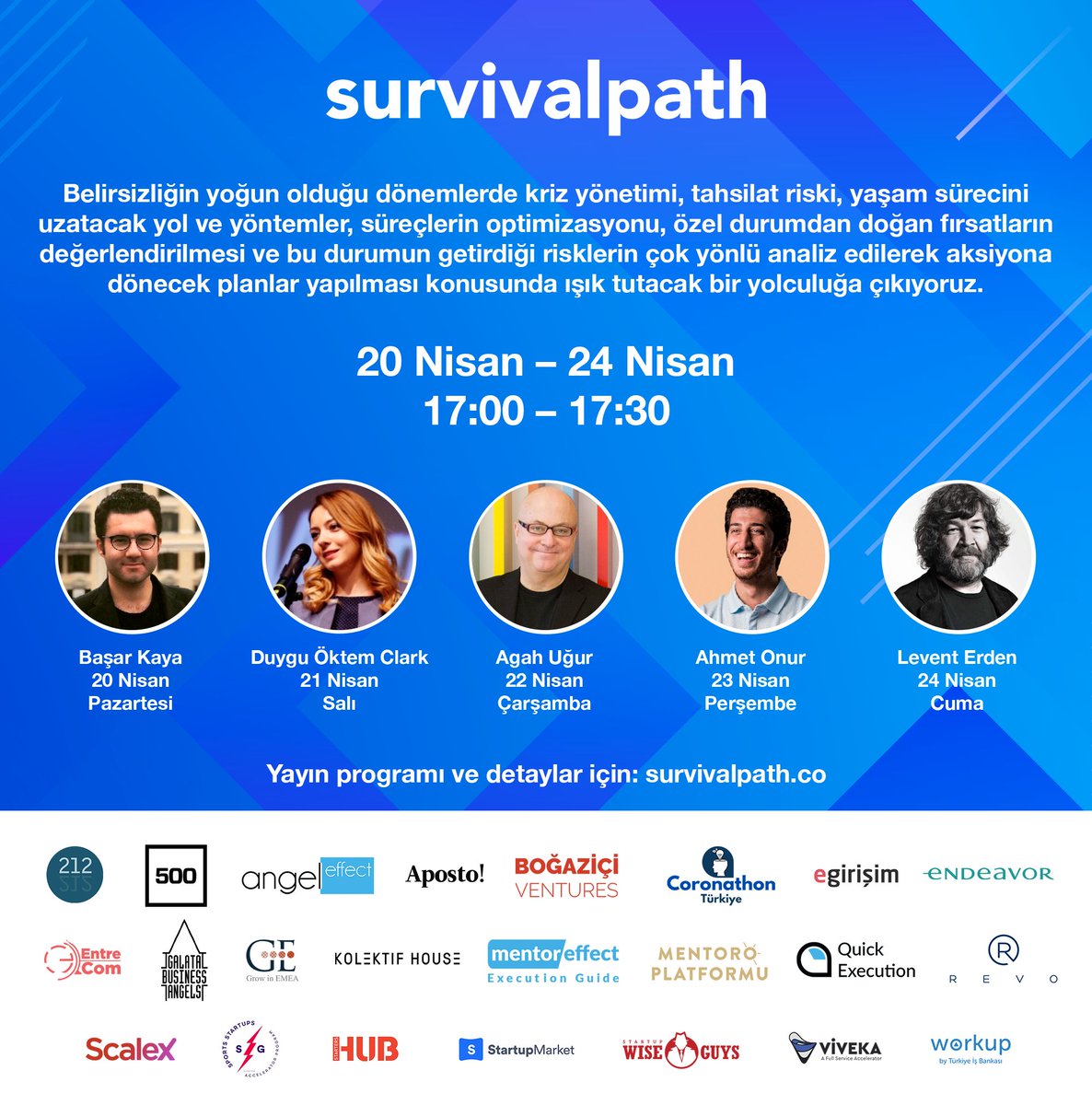 survivalpath yolculuğumuzun bu haftaki programı netleşti! 

Bu hafta <a href="/AAUGUR/">Agah Ugur</a> , <a href="/leventerden/">Levent Erden</a> , @duyguoktem , <a href="/AhmetOnr/">Ahmet Onur</a> ve <a href="/basaarkaya/">Basar Kaya</a> ile birlikte belirsizlik dönemlerinde girişimler için farklı konularda tecrübeleri ve deneyimleri paylaşıyoruz.