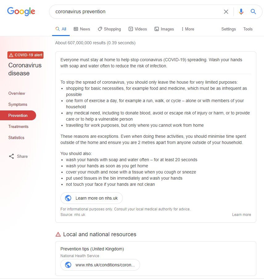 Next: Google Chrome.The desktop version of  @GoogleChrome now features the Government "Stay At Home. Protect the NHS. Save Lives." message at the bottom of new tabs (image 1). Clicking on this leads to Google information for "coronavirus prevention" (image 2).
