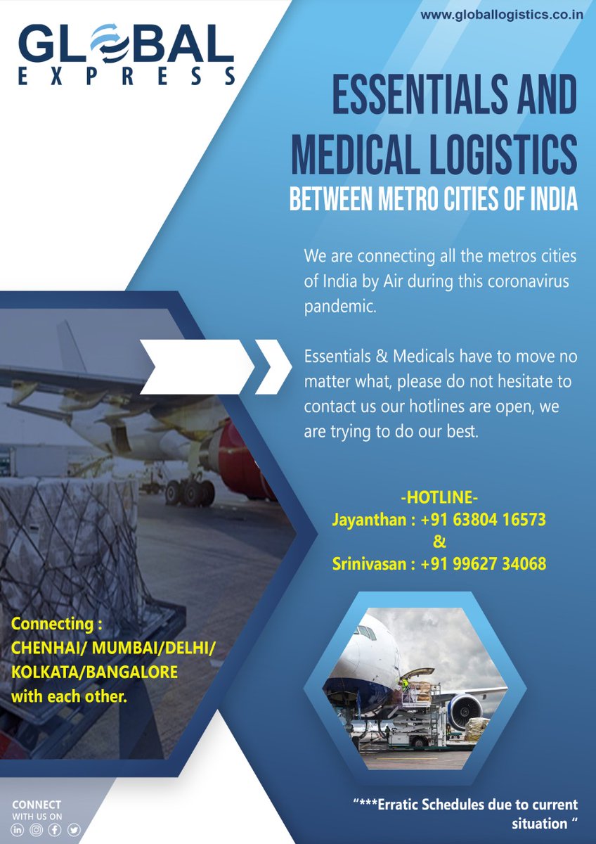 Glsindia2006's tweet photo. We are committed to ensuring that the supply of essential goods continues uninterrupted.

Our Air Service hotlines are open and we are here to help you any way we can. 

#essential #transportation #medicalsupply #logistics #services #directlcl #console #globallogistics https://t.co/EoQmG0gKUc