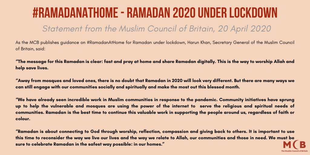 💫 #Ramadan2020 - Ramadan under lockdown 💫

We've published guidance on how to make the most out of #RamadanAtHome, from virtual iftars &amp; livestreaming Qur'an from your masjid, working &amp; studying from home &amp; much more! 

➡️ Read our guide here: mcb.org.uk/ramadan