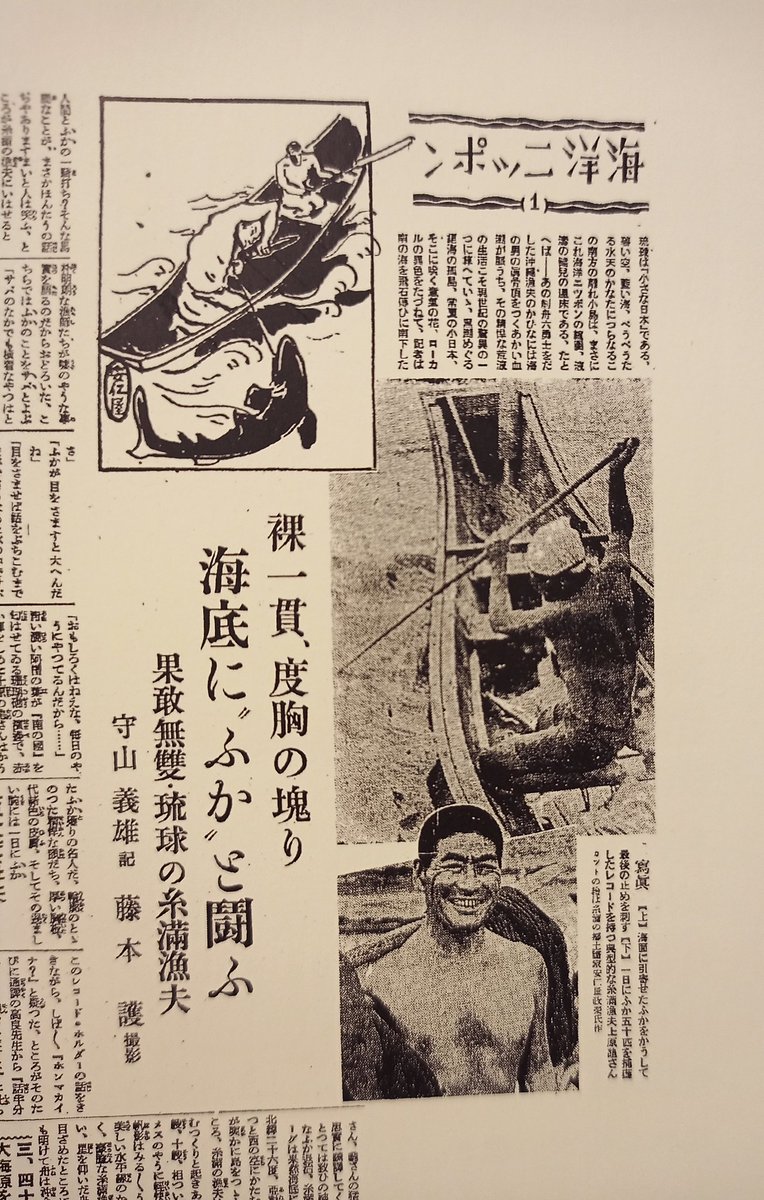 1935年沖縄の南端、糸満の新聞記事
糸満の亀さん、渾名その名も「仁王」 典型的な糸満男にして「ふか漁」(サメ漁)の達人、一日に50匹を仕留めるレコード保持者。裸一貫度胸の塊、海底にふかと闘う。(大阪朝日新聞: 海洋ニッポン)
