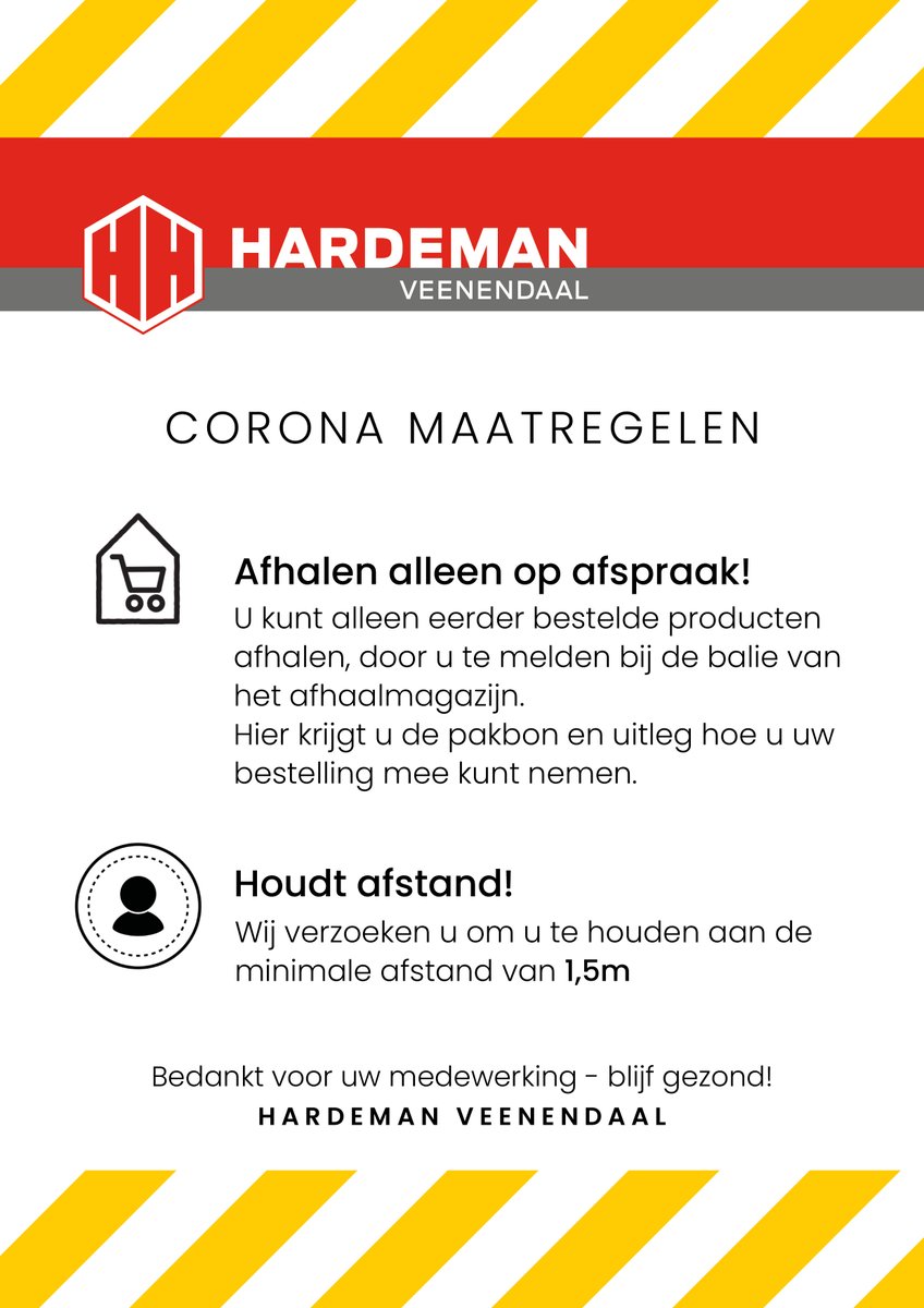 Ons afhaalmagazijn is weer geopend, maar alleen op afspraak! Bestel van tevoren en je krijgt een bericht als het klaar ligt. 

Bij bezorgen houden onze chauffeurs uiteraard afstand!

bouwproducten.hardeman.nl/corona