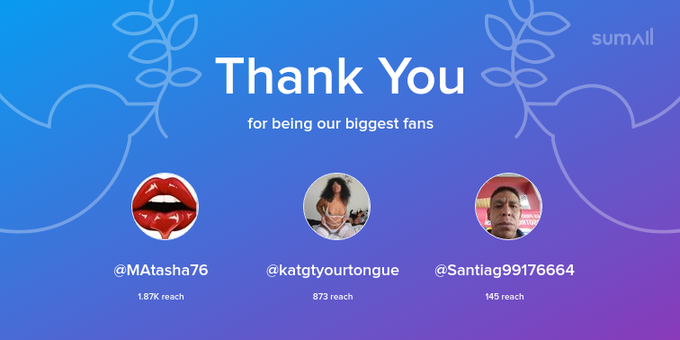 Our biggest fans this week: MAtasha76, katgtyourtongue, Santiag99176664. Thank you! via https://t.co/fLuok1BRTc