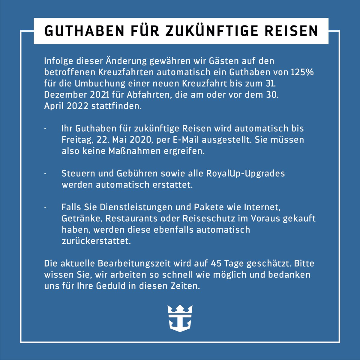 RoyalDE's tweet photo. Wichtiges Update für alle Kreuzfahrten mit Abfahrt bis zum 11. Juni 2020. 🔗 https://t.co/E6GTwvqpgx https://t.co/1Ovgo4uFJO