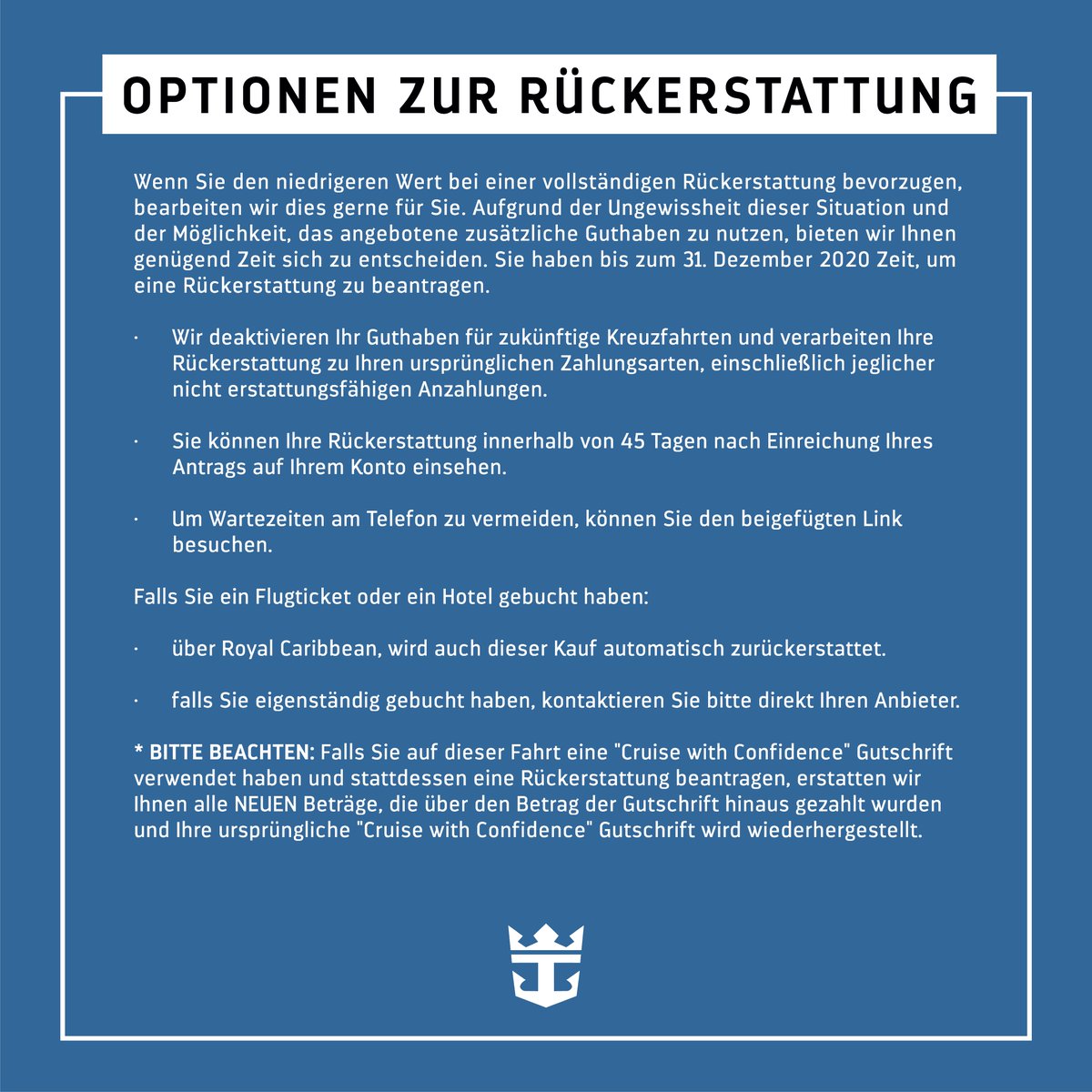 RoyalDE's tweet photo. Wichtiges Update für alle Kreuzfahrten mit Abfahrt bis zum 11. Juni 2020. 🔗 https://t.co/E6GTwvqpgx https://t.co/1Ovgo4uFJO