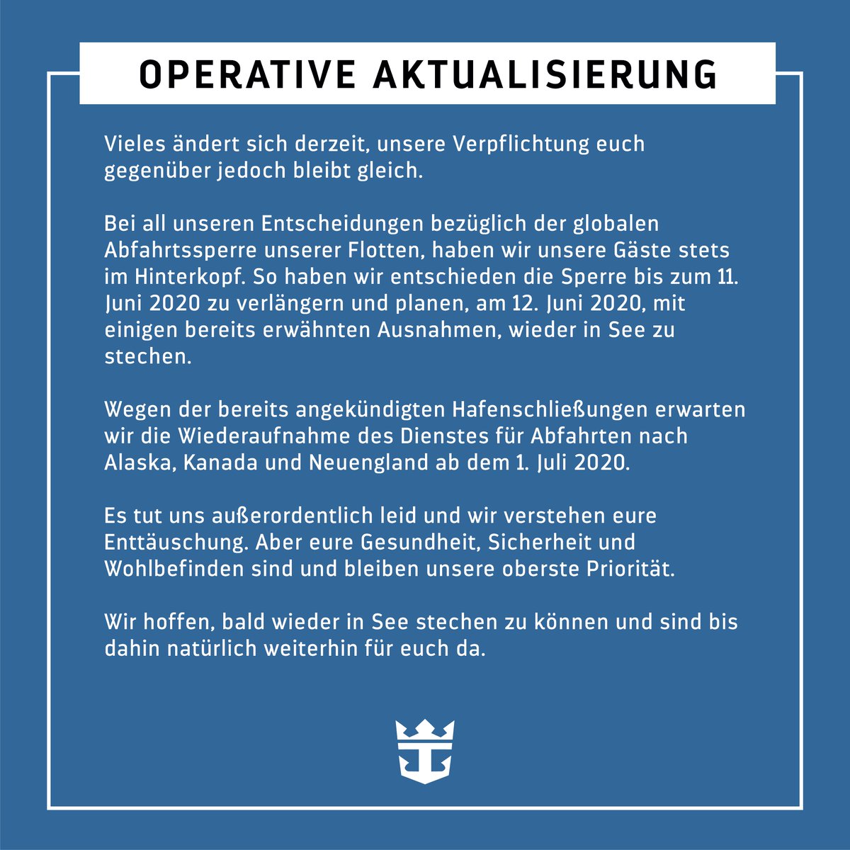 RoyalDE's tweet photo. Wichtiges Update für alle Kreuzfahrten mit Abfahrt bis zum 11. Juni 2020. 🔗 https://t.co/E6GTwvqpgx https://t.co/1Ovgo4uFJO