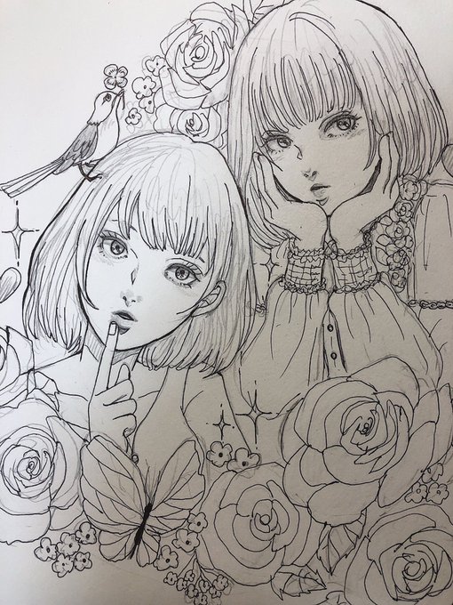 #イラスト好きさんと繋がりたい
#線画
途中なんですが右の子の顔が気に入らない、、早くデジタルで整形してあげたい。
おかっぱの子に蝶よ花よと背負わせるのが好きです。 