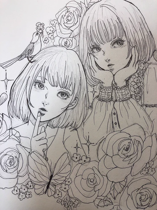 #イラスト好きさんと繋がりたい
#線画
途中なんですが右の子の顔が気に入らない、、早くデジタルで整形してあげたい。
おかっぱの子に蝶よ花よと背負わせるのが好きです。 