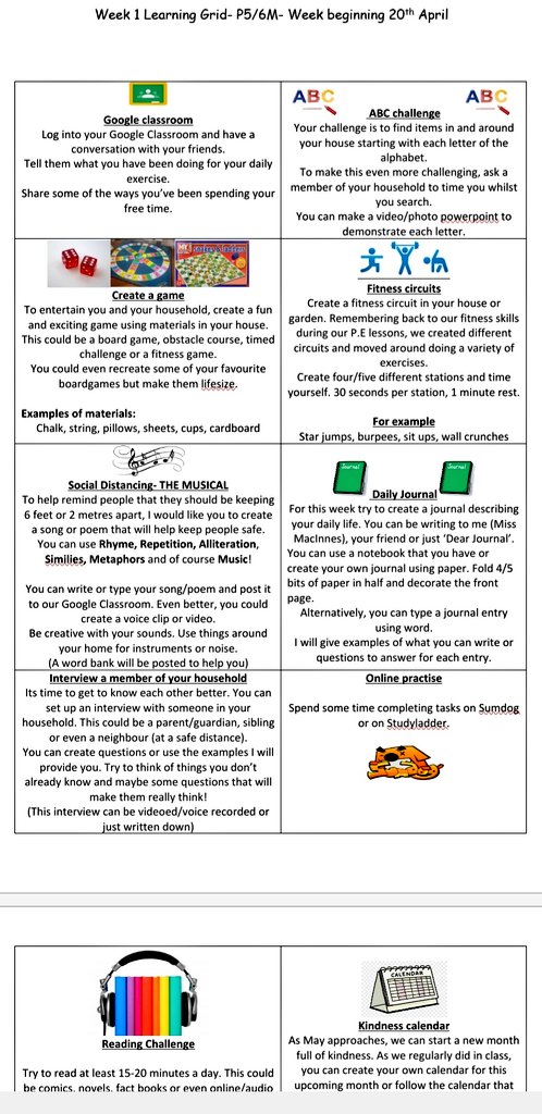 bannpsp5's tweet photo. Good Morning Everyone! I hope you've all have a restful and safe Easter break. I am looking forward to hearing from you all! Here is our learning grid for the week start April 20th! @bannps #learninggrid #learningfromhome https://t.co/A2zH6Hvsqp