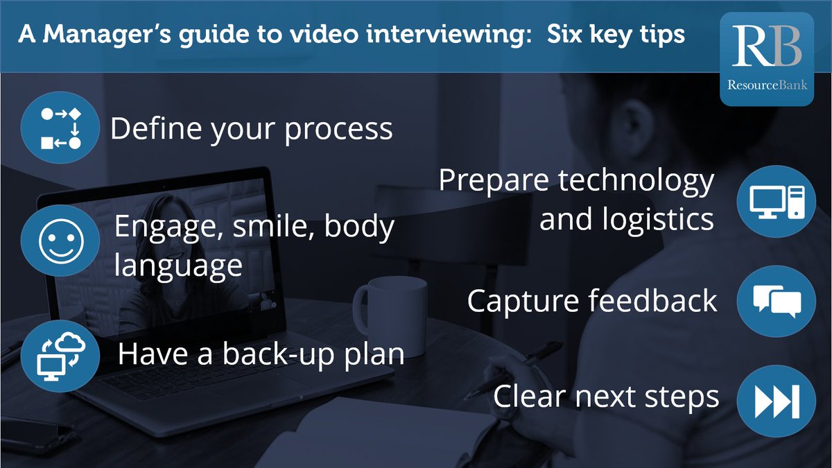Resource_Bank's tweet photo. If you're looking to undertake #videointerviewing for the first time, we've collected the six #toptips from our #recruitment teams who have been using video for several years.  Feel free to share and add your own key tip! https://t.co/RvpE0kpQCa https://t.co/96wzdYt8Td