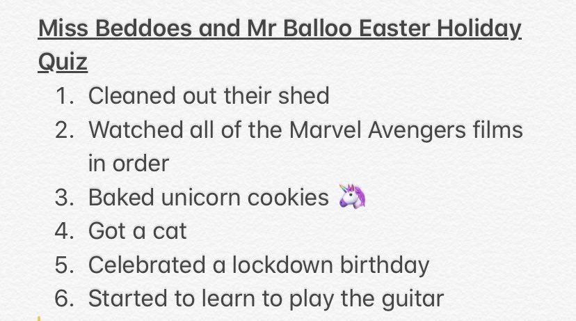 TGASPsychology's tweet photo. Good morning!! Hope you all had a lovely (albeit strange) Easter holiday! Back to school quiz: Miss Beddoes and Mr Balloo have been up to a range of things this Easter but can you work our who did what? https://t.co/c3MkDhf5py