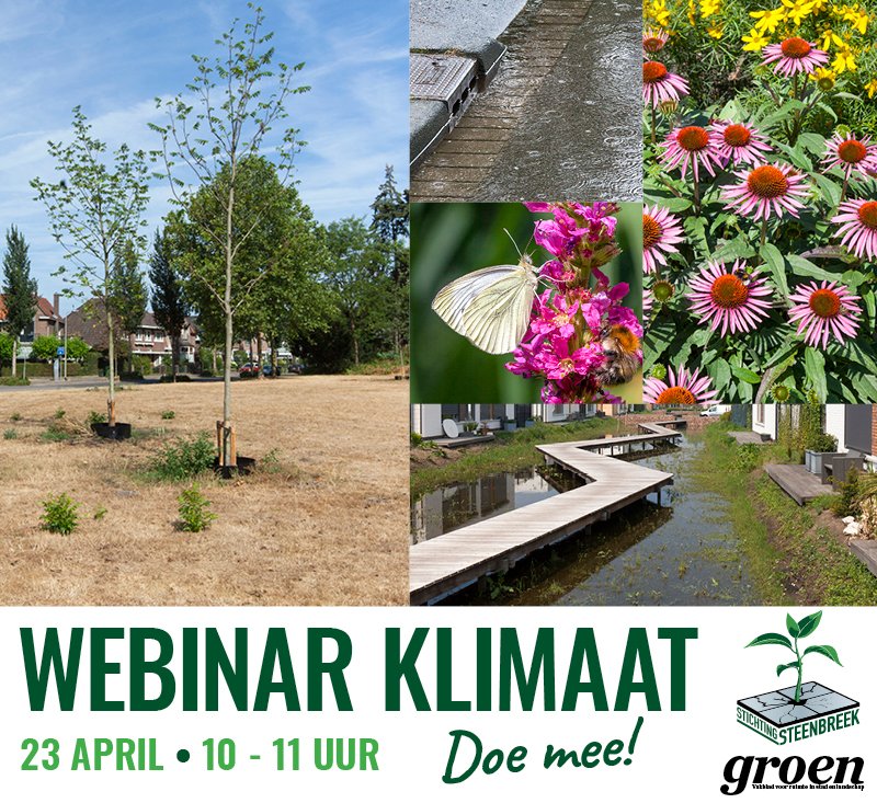 SteenbreekNL's tweet photo. Op 23 april organiseren Stichting #Steenbreek en #VakbladGroen het seminar #klimaat. Weervrouw  @MargotRibberink praat ons bij over het huidige klimaat en Petra Schoon van #Cobragroeninzicht gaat in op het gebruik van #hittestresskaarten. Meer info https://t.co/JVp8feavq5 https://t.co/KHATLHBVKJ