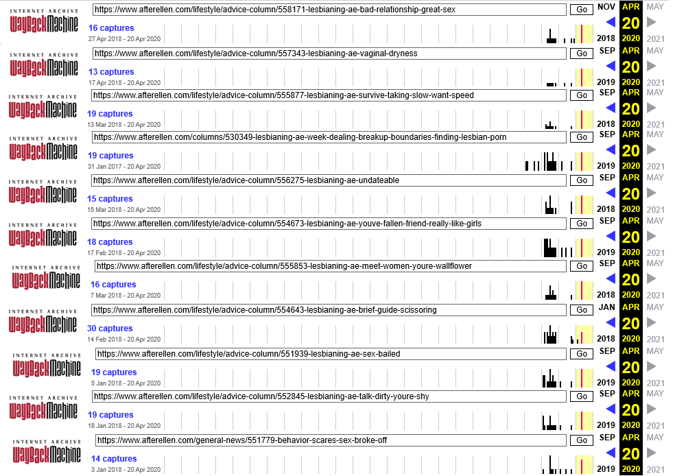 I was wrong to assume that the author of the "Lesbianing With" columns is still an active writer for the site. Here's what running all her columns published "this year" (as per the date by the byline) through Wayback shows. Every one of these was originally published in 2017/18