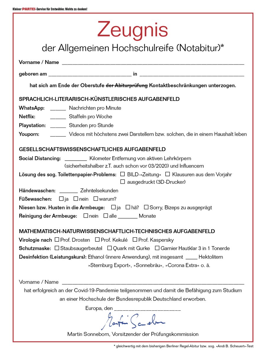 MartinSonneborn's tweet photo. Liebe Schüler, dieses NOTABITUR zum Herunterladen &amp; Selbstausfüllen findet Ihr ab sofort auf meiner Homepage. 
NOTABI 2020... Smiley!
https://t.co/WYavxLkOWI
#SchulboykottNRW #SchulboykottDE https://t.co/Br8yb7BKf4