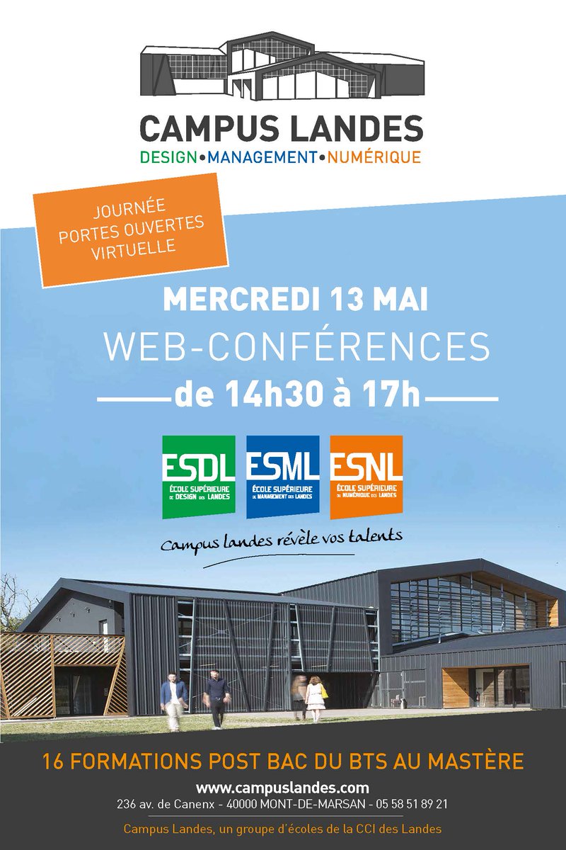 esdlandes's tweet photo. [JOURNÉE PORTES OUVERTES VIRTUELLE CAMPUS]

Le Mercredi 13 Mai 2020, Campus Landes vous propose des Web-Conférences
Vous êtes intéressé par le Design, le Numérique ou le Management ?
Inscrivez-vous pour assister à notre journée Portes Ouvertes Virtuelle ! https://t.co/PxSe2duvVz https://t.co/EtnwsSzaRo