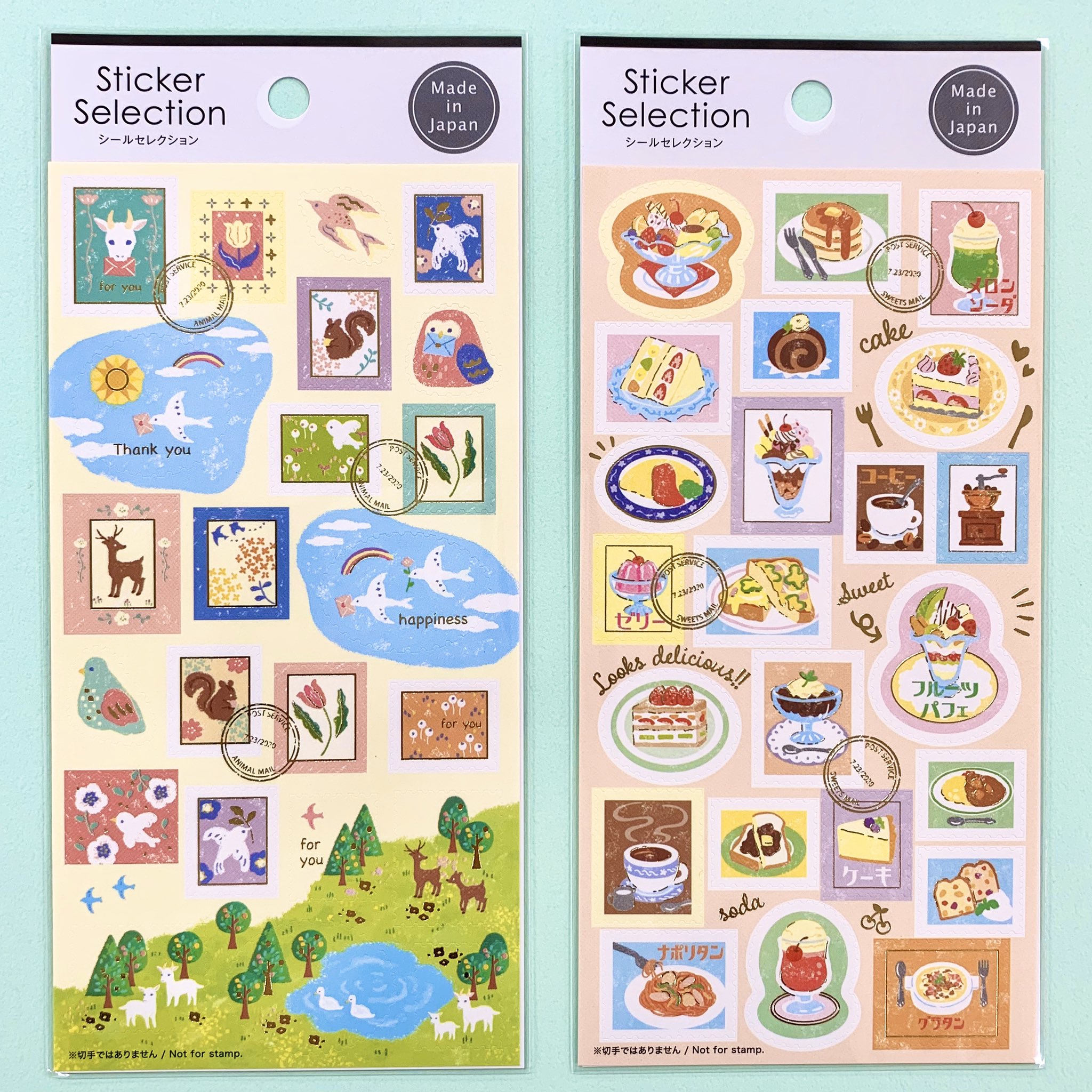 Gaia Co Ltd 新作のstickerselectionのご案内です ほっこりしたタッチがかわいい 動物と喫茶店の切手風シールです よーく見ると切手のギザギザの形になってます 台紙にもイラストや文字を入れて 切手シート風に仕上げました