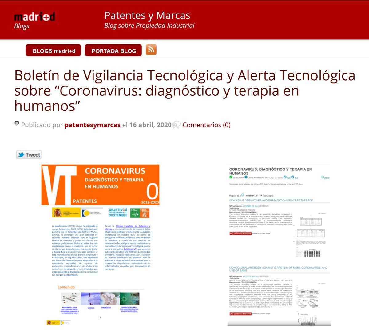 OEPM_es's tweet photo. ¿Habéis leído ya nuestro último #blogOEPM? Está dedicado al nuevo #BoletinVT_OEPM y #AlertaVT_OEPM, que recogen #InformaciónTecnológica reciente sobre el diagnóstico y terapia en humanos de las enfermedades causadas por #coronavirus. @madrimasd 
https://t.co/g8Y9FWE72J https://t.co/jR6VvBXNBJ