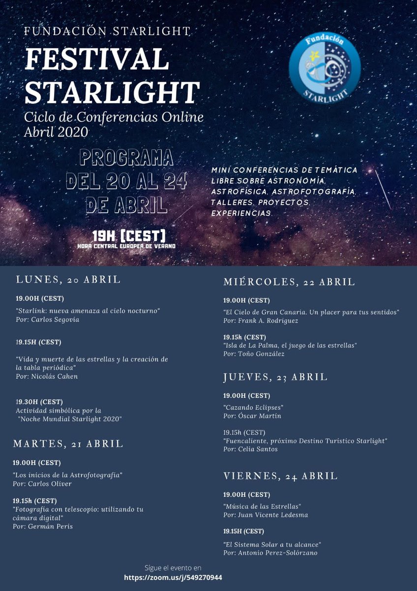 FundStarlight's tweet photo. Estas son las mini conferencias astronómicas de esta semana del Festival #Starlight. Puedes seguirlas gratuitamente online. https://t.co/jvq0jqfJn9