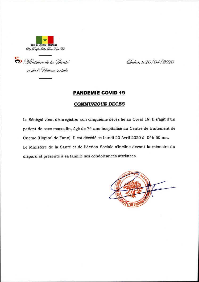 santegouv_sn's tweet photo. #covid19 5ème cas de décès . Il  s'agit d'un patient de sexe masculin âgé de 74 ans Il est décédé ce lundi 2à avril à 04h50mn #cov19sn https://t.co/9PWv3r2KhQ