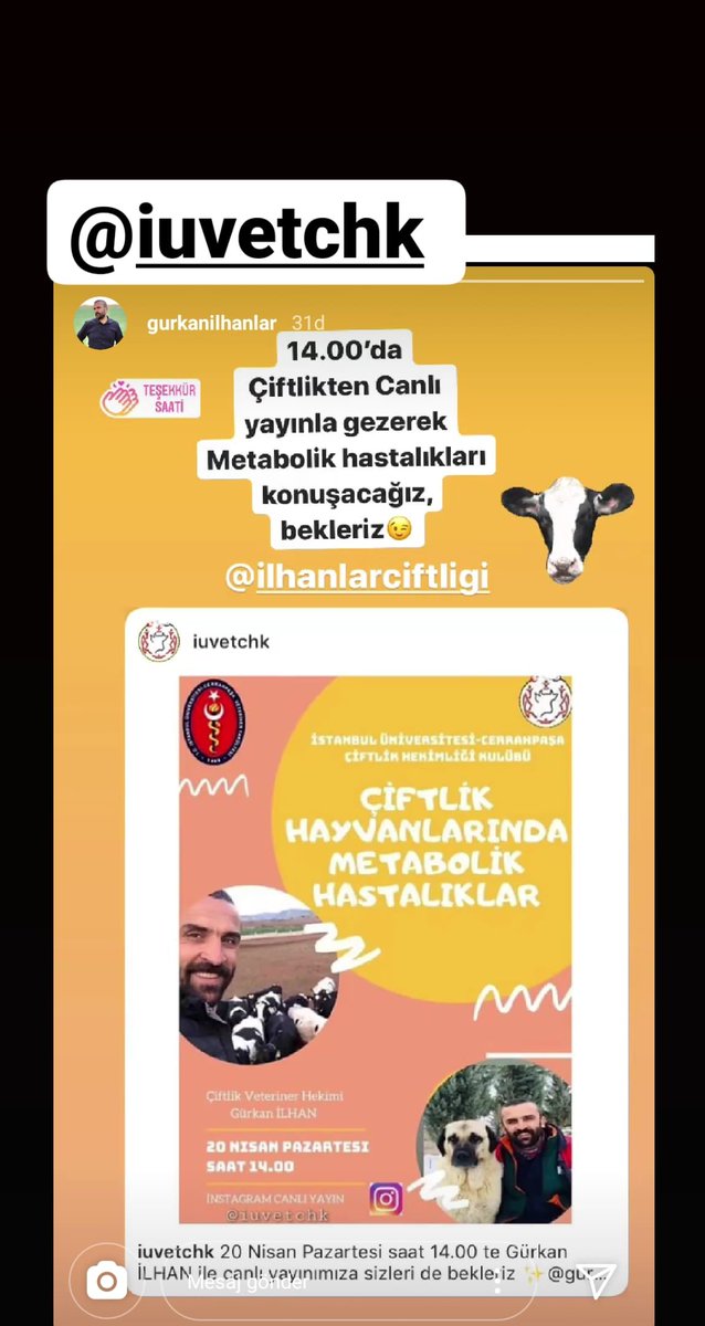iuvetchk's tweet photo. Gürkan ilhan'la çiftlikte görülen metabolik hastalıkları konuşacağız hepinizi saat 14.00 de Instagram canlı yayınımıza bekleriz😌😌😌😌😌 https://t.co/JWfAEjotth