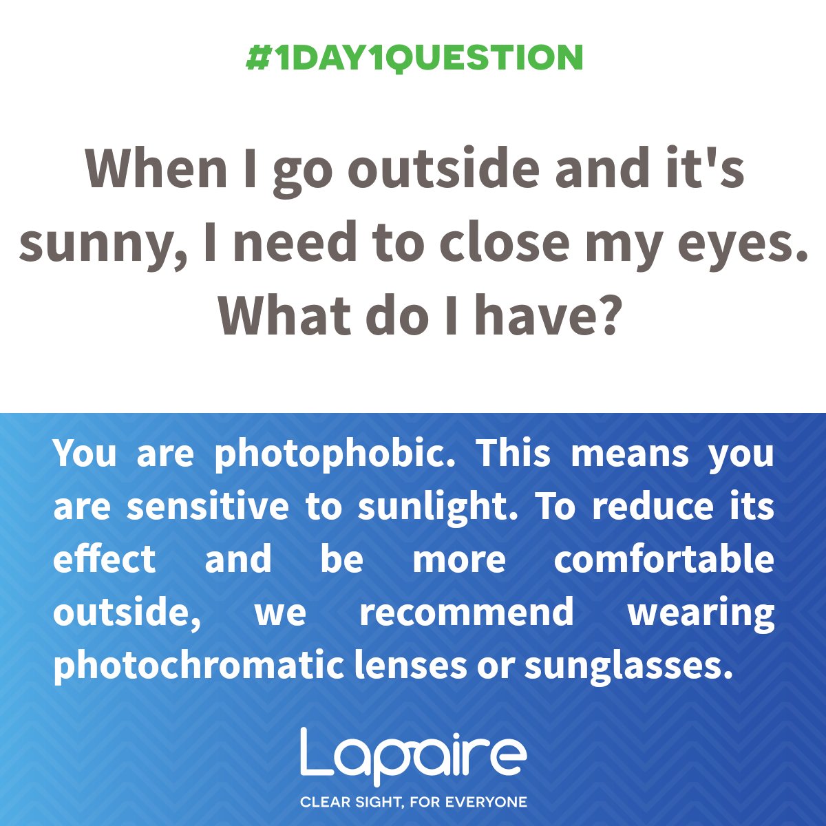 Lapaireke's tweet photo. Day 5: When I go outside and it’s sunny, I have to close my eyes. What is the issue?

#1day1question #optician #ClearSight #4everyone https://t.co/0HvMVM0QIf